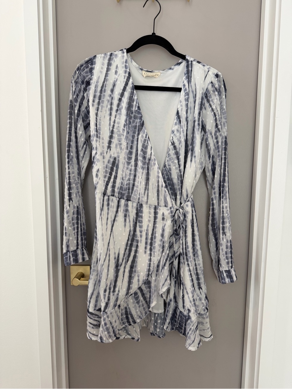 Women's White and Navy Tie-Dye Wrap Mini Dress